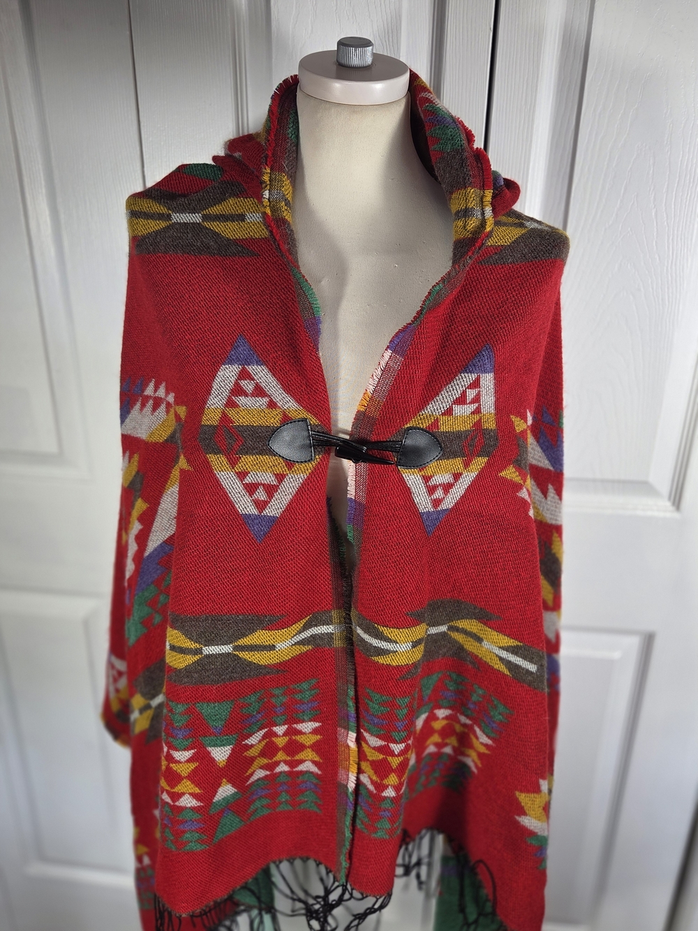 Southwestern Hooded Blanket Cape Toggle Poncho Wrap Boho Western